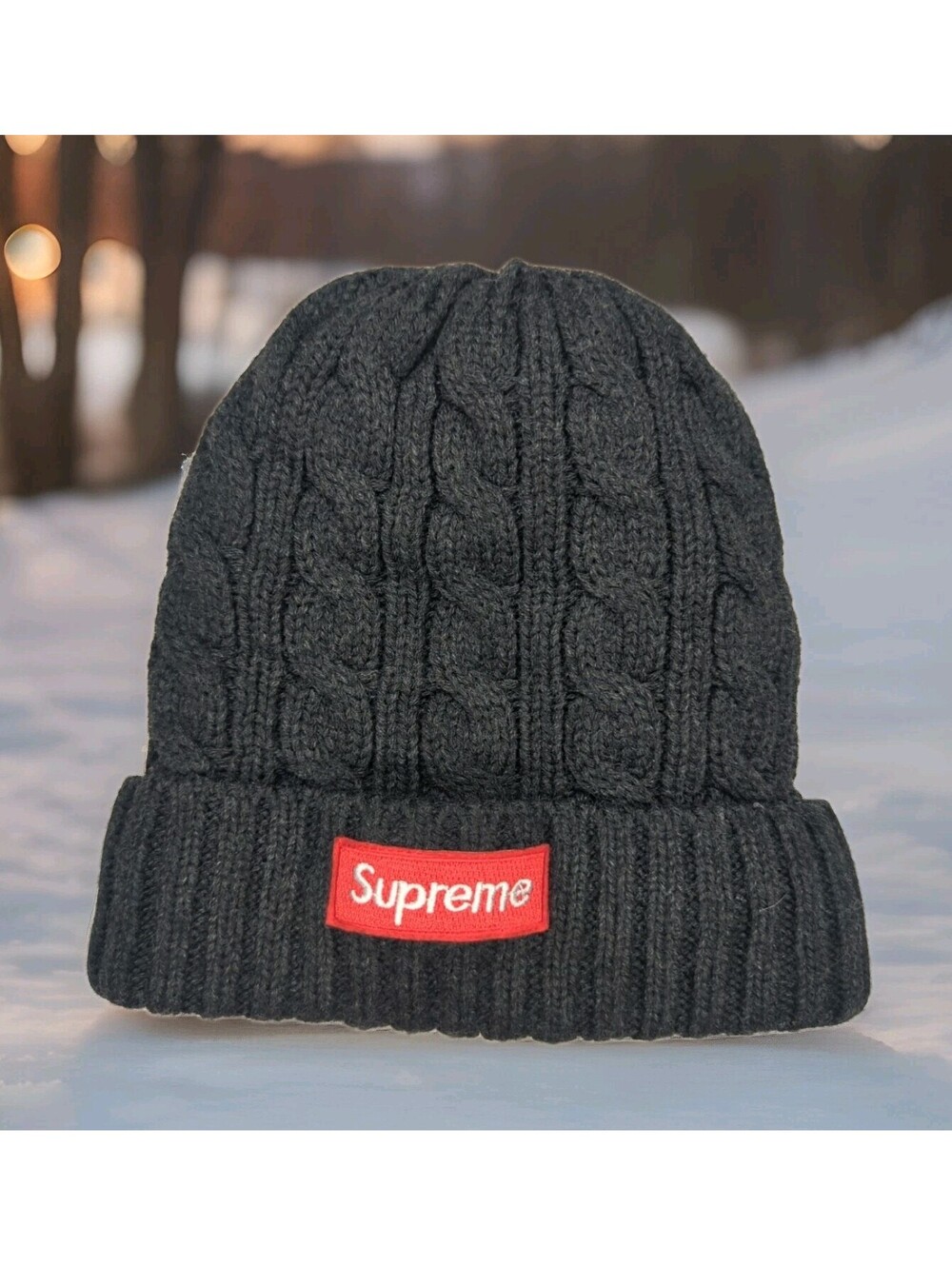 Supreme Wool Cable Knit Beanie Hat Winter Cap Box Logo Patch Unisex Grey